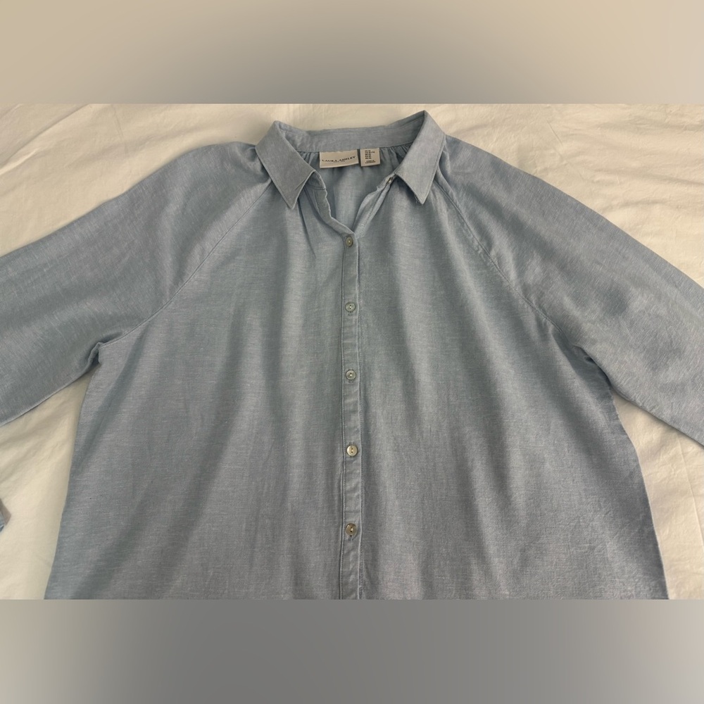 EUC Laura Ashley Button-Up Shirt Womens XL Blue Linen Blend Long Sleeve Casual - Picture 6 of 11